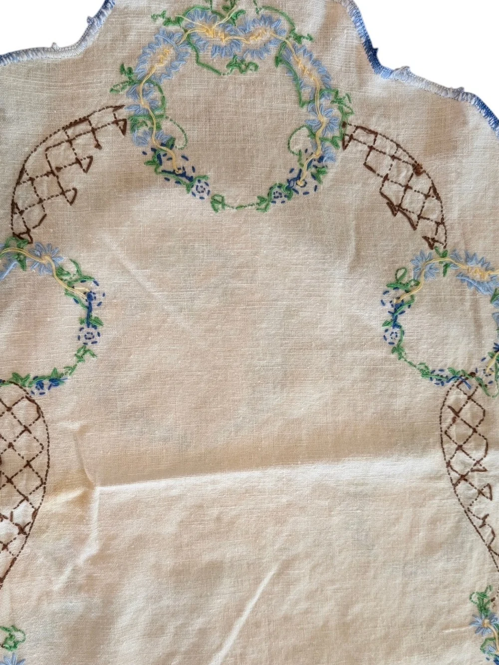Hand-Embroidered Floral Linen Table Runner in Cream and Blue